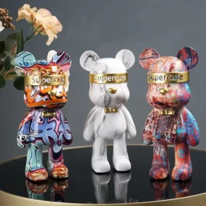 Resin Colorful Graffiti Bear Statue Urban Street Art Decor Colorful Spray Paint Figurine Cool Shelf Decor for Room Ornaments